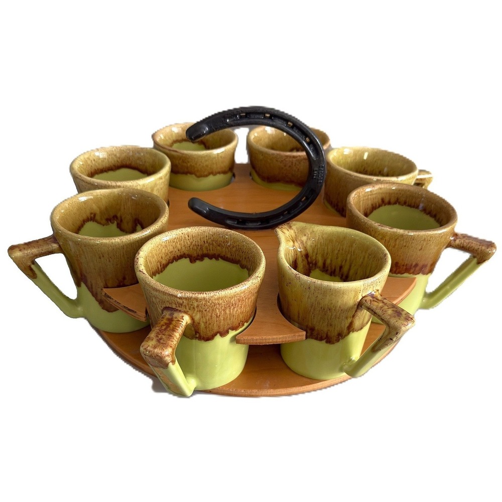 Winart 50s Pottery Coffee Mug Set Carousel Creamer Sugar Shot Glass Vtg Set 10pc